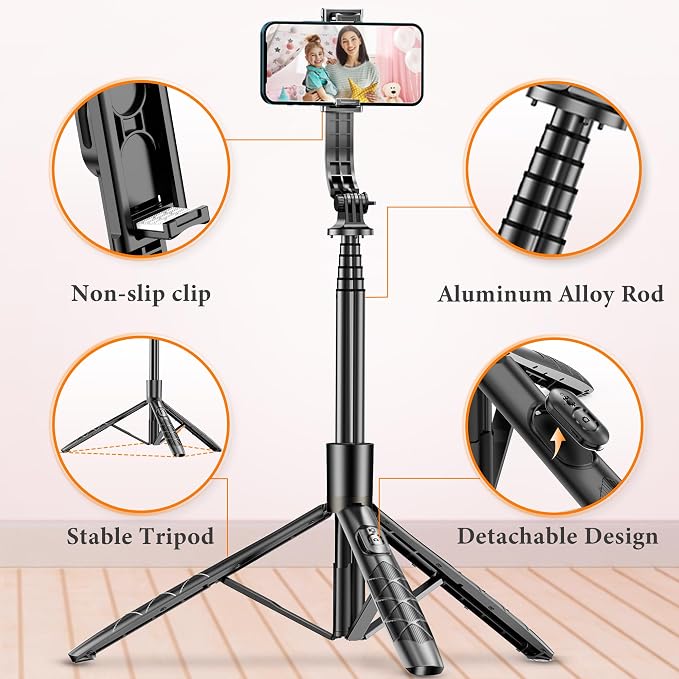 62" Aluminum Alloy Selfie Stick Phone Tripod with Wireless Remote Compatible with iPhone 17 16 15 14 13 pro Xs Max Xr X, Android/Samsung Smartphone Expandable for Travel Selfies Video Recording Vlog