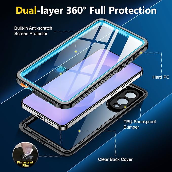 SPIDERCASE for Samsung Galaxy S25 Edge Case Waterproof, Built-in Screen&Camera Lens Protector, [IP68 Underwater][12FT Military Grade Shockproof] Phone Case, Blue/Clear