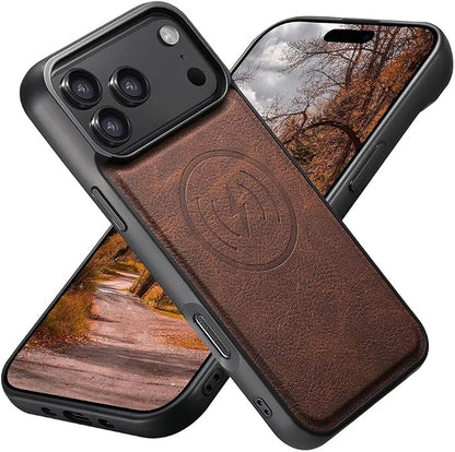 Leather Cover for iPhone 17 Pro Max/17 Pro/Air/17,Heavy Duty Protection Magnetic Wireless Charging Phone Case Retro Shockproof Business Style Shell (17,Brown)