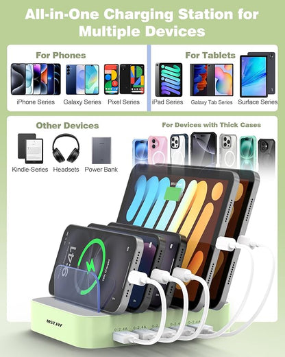 MSTJRY Charging Station for Multiple Devices : 5 Port Multi USB-A Charger Stations Multi-Device Organizer Charging Dock Designed for iPhone iPad Cell Phone Tablets (7 Short Cables Included), Cyan