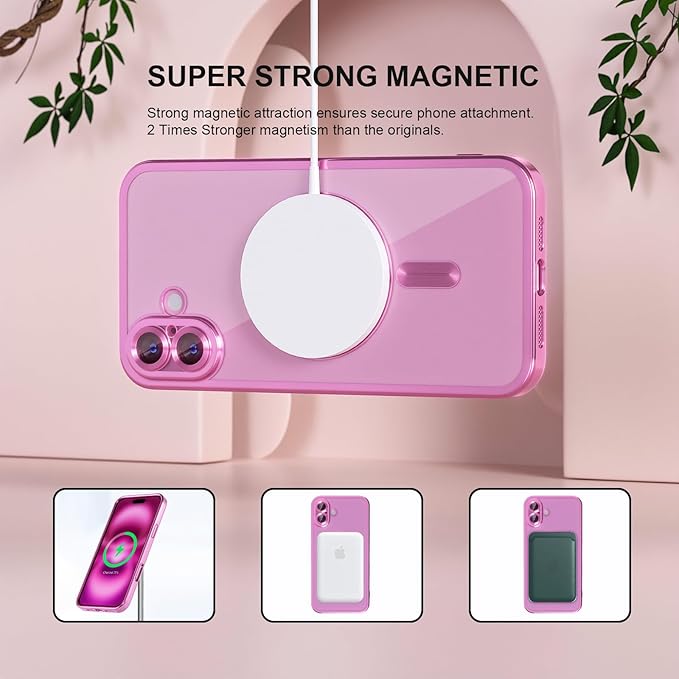 Misea Magnetic for iPhone 16 Case Compatible with MagSafe [Never Yellowing] [Military Grade Drop Protection] Full Camera Lens Protector Plating Soft Clear Phone Case for Women 6.1 inch, Hot Pink