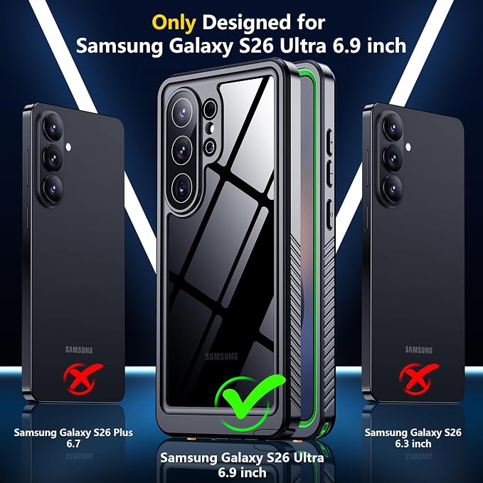 SPIDERCASE Designed for Samsung Galaxy S26 Ultra Case Waterproof,Built-in Screen & Camera Lens Protector[IP68 Underwater] [Military Grade Shockproof] Full Body Protection Phone Case,Green/Clear