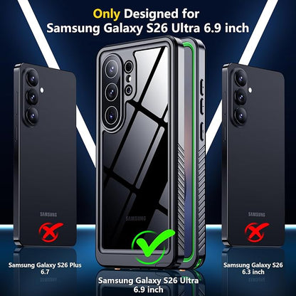 SPIDERCASE Designed for Samsung Galaxy S26 Ultra Case Waterproof,Built-in Screen & Camera Lens Protector[IP68 Underwater] [Military Grade Shockproof] Full Body Protection Phone Case,Green/Clear