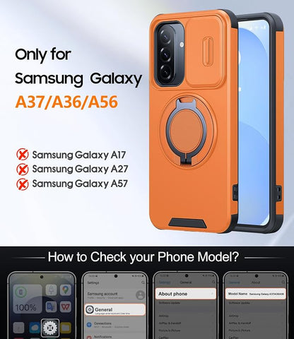 JAME for Samsung Galaxy A37/A36/A56 5G Case, Ring Holder Stand Kickstand, Slide Camera Cover, 2 Screen Protectors, Dual-Layer Shockproof Protective, Magnetic Accessory Friendly Phone Case, Orange