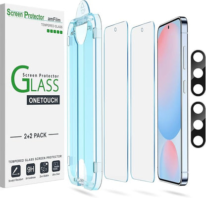 amFilm Auto-Alignment OneTouch for Samsung Galaxy S24 FE 6.7'' Screen Protector + Camera Lens Protector,Tempered Glass,30 seconds Installation, Bubble Free, Case Friendly, Anti-Scratch [2+2 Pack]