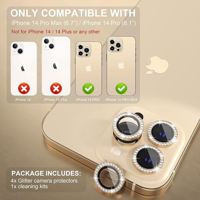 Choiche Compatible for iPhone 14 Pro/iPhone 14 Pro Max Camera Lens Protector Bling, 9H Tempered Glass Camera Cover Screen Protector Metal Ring Decoration Accessories (Diamond-Gold)
