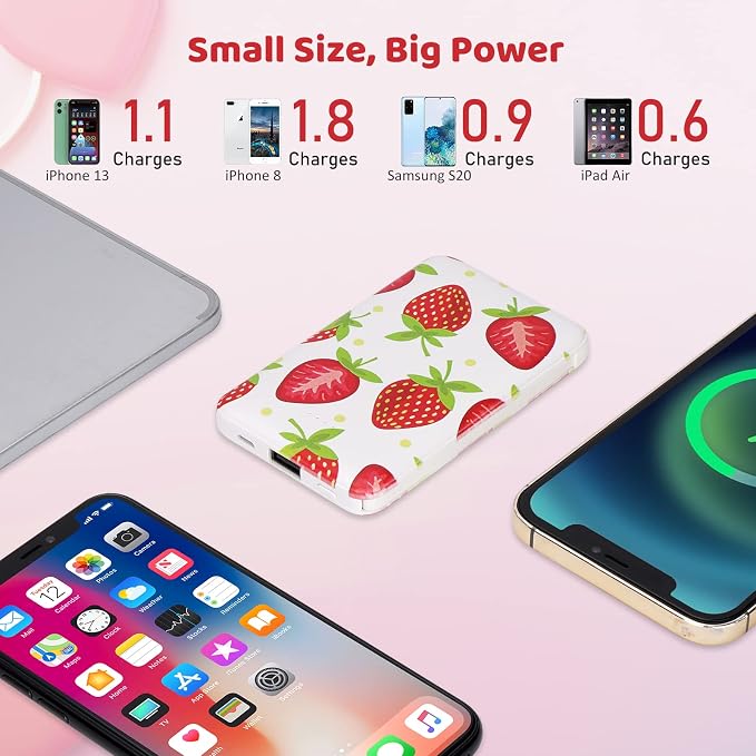 Sethruki Cute Portable Charger 5000mAh Ultra Slim USB C Power Bank for Girls Mini Fast Charging Small Battery Pack with Built in Cables for iPhone iPad Samsung Pixel Android Phones,Strawberry