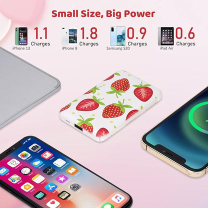 Sethruki Cute Portable Charger 5000mAh Ultra Slim USB C Power Bank for Girls Mini Fast Charging Small Battery Pack with Built in Cables for iPhone iPad Samsung Pixel Android Phones,Strawberry