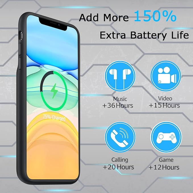 Battery Case for iPhone 11, Upgraded 10000mAh Rechargeable Portable Extended Battery Pack Supported Qi Wireless Charging Case Compatible with iPhone 11 (6.1 inch) Charger Case Support Carplay (Black)