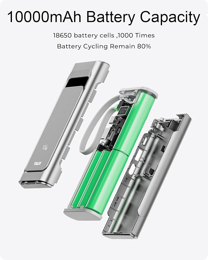 TALIX Portable Charger 100W, 10000mAh Power Bank with Built-in USB-C Cable, 3-Port Fast Charging Battery Pack for iPhone 17/16/15 Series, Samsung Galaxy, iPad, Steam Deck, Travel Essentials