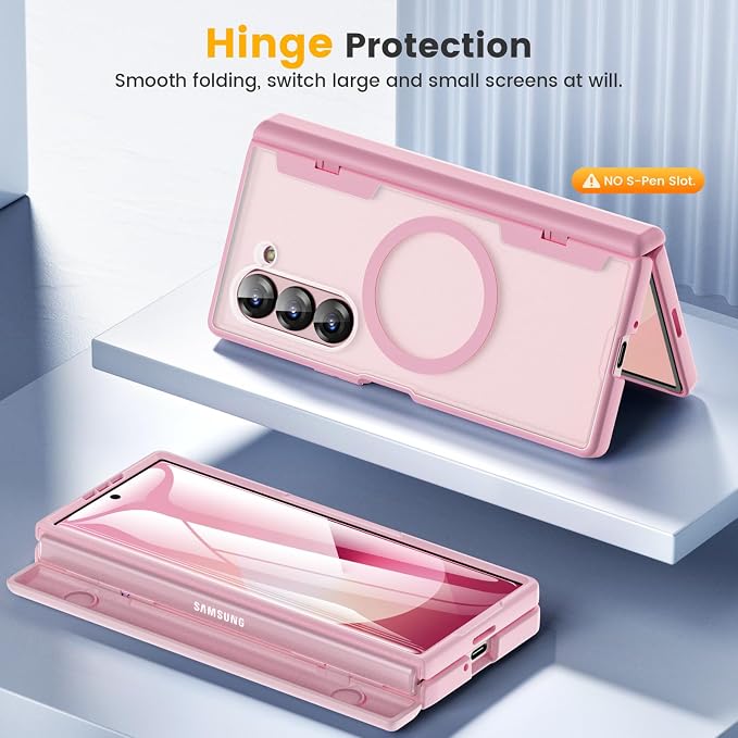 Caka Magnetic for Samsung Galaxy Z Fold 6 Case with Hinge Protection Pink | Compatible with MagSafe, Built-in Outer Screen Protector, Hinge Guard, Translucent Matte Back, 360° Hybrid Drop Defense