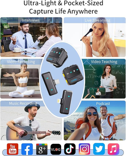 Wireless Lavalier Microphone for iPhone:JXJXQU Mic with Smart Noise Reduction, Reverb Effect, 30H+ Battery Life - Ideal for Video Recording/Podcasting/Streaming - Suitable for Vloggers and Streamers