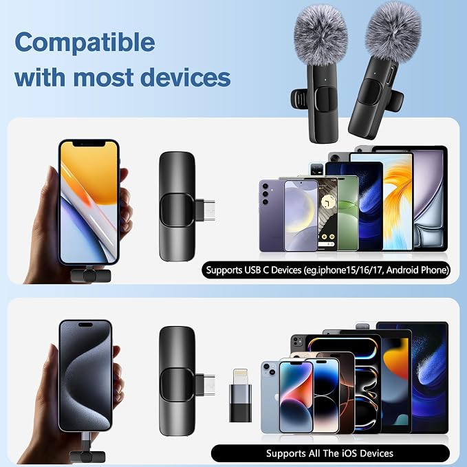 Professional Wireless Microphone for iPhone,iPad,Android, Lavalier Lapel Mic for Video Recording, Mini Mic Crystal Clear Recording with USB-C for Content Creators Vlog YouTube Tiktok Podcast Interview