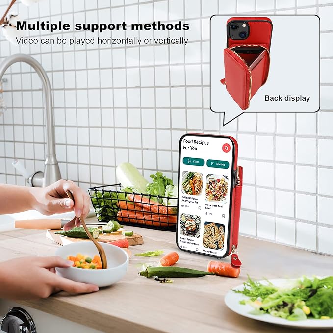 Bocasal RFID Blocking Wallet Case for iPhone 14 iPhone 13, Adjustable Crossbody Zipper Purse Case Card Holder with Kickstand Detachable Wrist Strap, PU Leather Flip Folio Case 6.1 Inch 5G (Red)