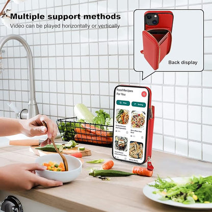 Bocasal RFID Blocking Wallet Case for iPhone 14 iPhone 13, Adjustable Crossbody Zipper Purse Case Card Holder with Kickstand Detachable Wrist Strap, PU Leather Flip Folio Case 6.1 Inch 5G (Red)