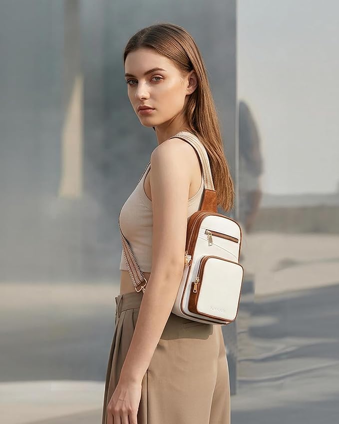 Anti Theft Crossbody Bags for Women,RFID Sling Bag Travel Purse,Vegan Leather Cross Body Purses Chest Bag for Travel(white＆Brown) | Multi-Pocket, Structured bag, Any Occasion