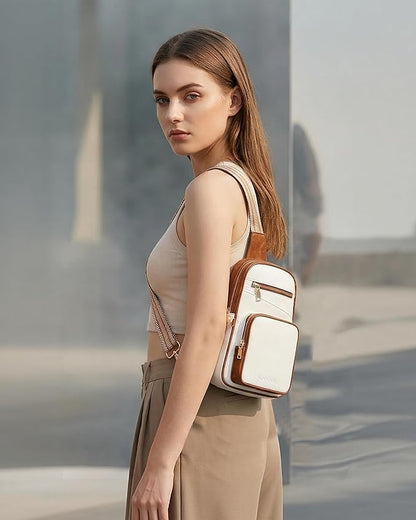 Anti Theft Crossbody Bags for Women,RFID Sling Bag Travel Purse,Vegan Leather Cross Body Purses Chest Bag for Travel(white＆Brown) | Multi-Pocket, Structured bag, Any Occasion