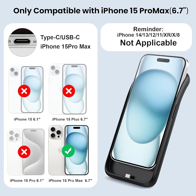 Battery Case for iPhone 15 Pro Max,Powerful 8600mah Ultra-Slim Protective Charging Case,15W Fast Charging Portable Rechargeable Expandable Battery Charger Cover for iPhone 15 Pro Max(6.7inch)-Black