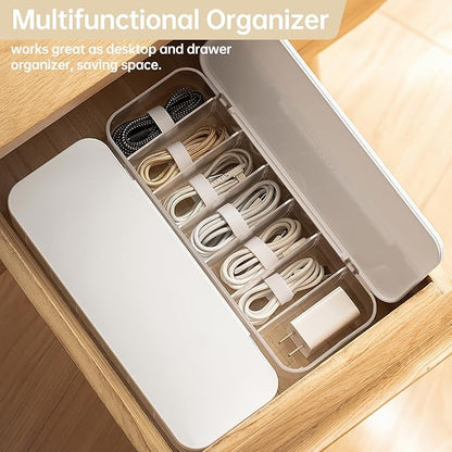 PAVSTINE 2 Pcs Cable Organizer Storage Box with Lid, 14 Wire Ties, White | Adjustable Dividers, Holds Power Cords & Charger, Dust-Proof, Desktop Accessories & Stationery Storage for Home & Office