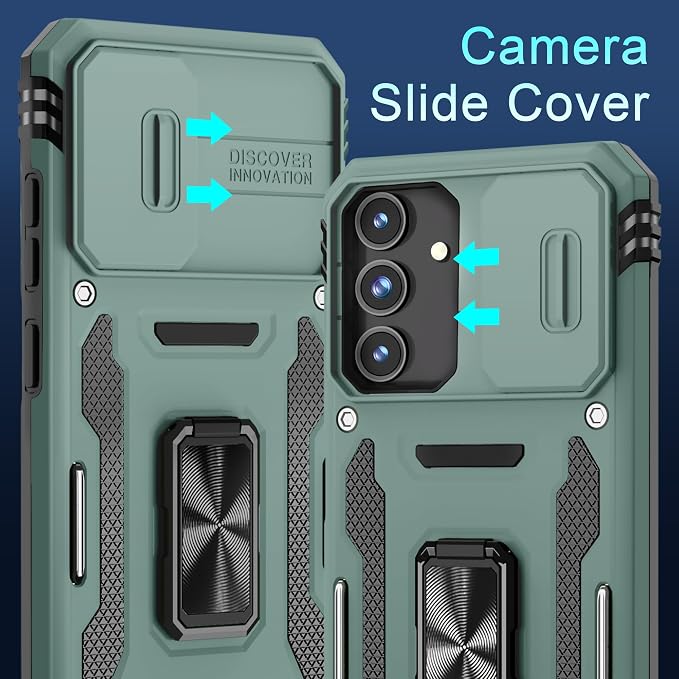 DEERLAMN Case for Samsung Galaxy S24 FE 6.7-Inch with Slide Camera Cover+Screen Protector(1 Pack), Rotated Ring Kickstand Military Grade Shockproof Protective Cover-Green