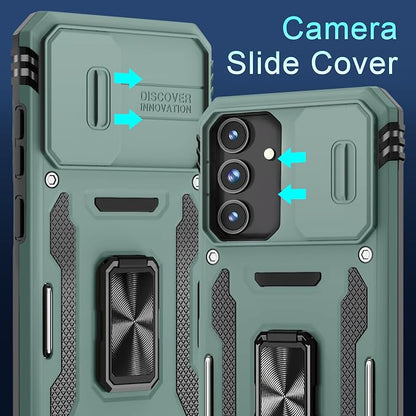 DEERLAMN Case for Samsung Galaxy S25 6.2-Inch with Slide Camera Cover+Screen Protector (1 Pack), Rotated Ring Kickstand Military Grade Shockproof Protective Cover-Green