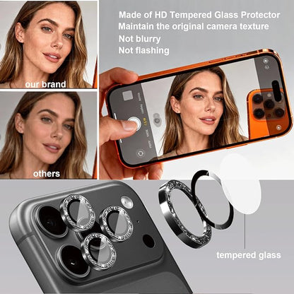Compatible for iPhone 17/17 Pro/iPhone 17 Pro Max Camera Lens Protector Bling, Cute Sparkle Glitter Camera Cover for Women, Individual Ring, Anti-Scratch (3 Protectors + 1 Extra), Black