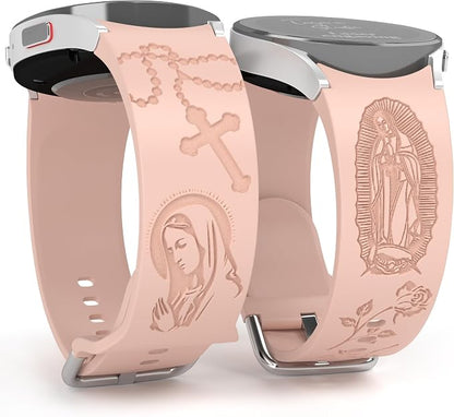 Virgin Mary Lady of Guadalupe Band compatible with Samsung Galaxy Watch Laser Engraved Silicone 20mm Strap 7/6/5/4 40mm 44mm/Watch 6 Classic Watch 4 46mm 42mm Jesus God Wristband Religious (Pink Sand)