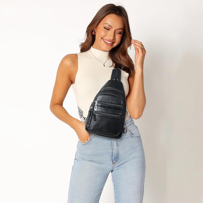 Leresas Sling Bag for Women Cross Body Bags Fanny Packs Over the Shoulder Bag Sling Backpack Vegan Leather Trendy Gifts Travel Handbag Black