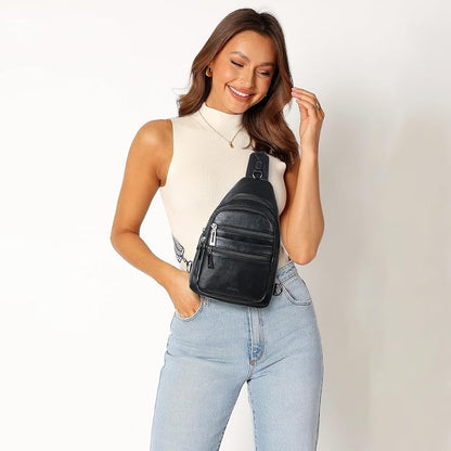Leresas Sling Bag for Women Cross Body Bags Fanny Packs Over the Shoulder Bag Sling Backpack Vegan Leather Trendy Gifts Travel Handbag Black