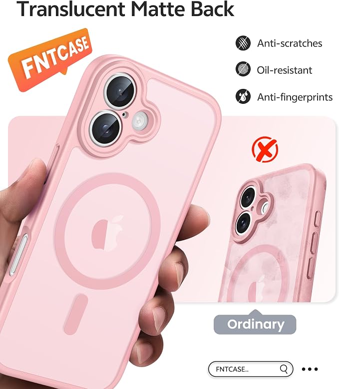 FNTCASE for iPhone 17 Case: [Compatible with Magsafe] Translucent Matte Cases with [Full Camera Protection] [Screen Protector] Military Grade Shockproof Protective Phone Cover - Light Pink