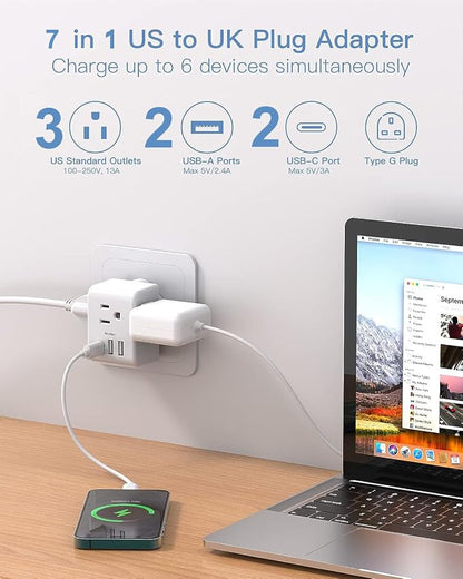 2 Pack US to UK Ireland Travel Plug Adapter, Type G Power Plug Adapter | 3 Outlets 4 USB Ports(2 USB C), European Travel Plug Adapter for USA to England London Scotland British Qatar Irish Hongkong