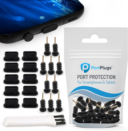 PortPlugs USB-C Dust Plugs & Headphone Jack Protectors for Samsung, Android, MacBooks, Laptops & Tablets – Type-C Charging Ports – Includes Cleaning Brush – Black (10 Pairs)