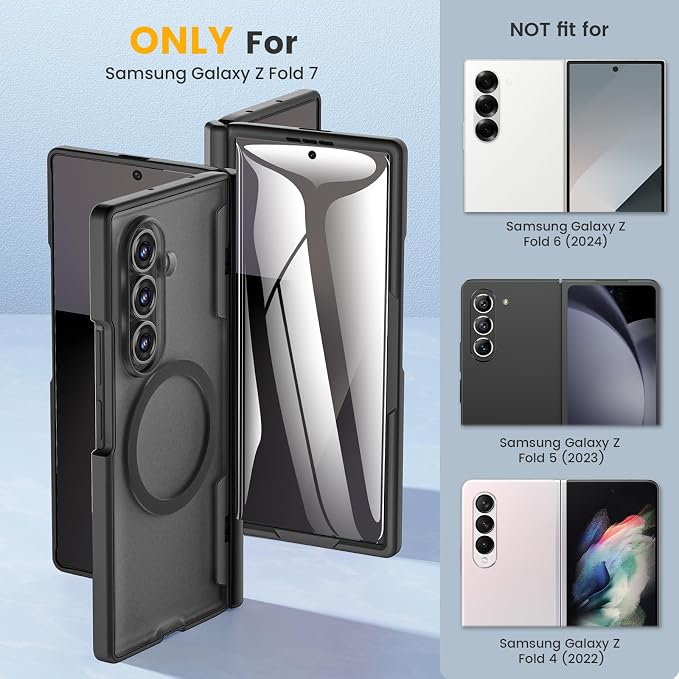 Caka Magnetic for Samsung Galaxy Z Fold 7 Case with Hinge Protection Black | Compatible with MagSafe, Built-in Outer Screen Protector, Hinge Guard, Translucent Matte Back, 360° Hybrid Drop Defense
