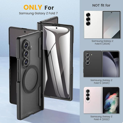 Caka Magnetic for Samsung Galaxy Z Fold 7 Case with Hinge Protection Black | Compatible with MagSafe, Built-in Outer Screen Protector, Hinge Guard, Translucent Matte Back, 360° Hybrid Drop Defense