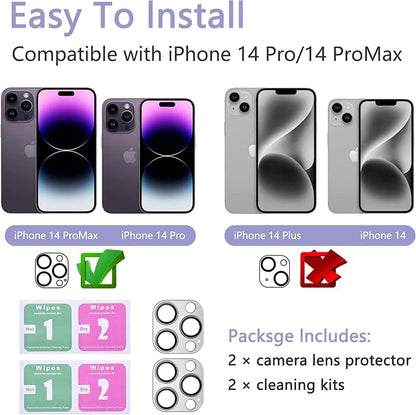2 Pack Camera Lens Protector for iPhone 14 Pro/14 Pro Max,[Not Easy to Breakn ] AR Tempered Glass Strong Adsorption Metal Camera Cover Screen-Silvery