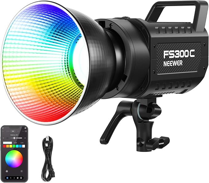 NEEWER 300W RGB LED Video Light APP/2.4G Control, 17 Effects 2500-7500K 36000lx COB Continuous Output Lighting with Cleaning Cloth, CRI95+ Bowens Mount for Studio Photography Video Recording, FS300C