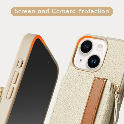 LAMEEKU for iPhone 15 Pro Max Wallet Case with Credit Card Holder, Zipper Leather Crossbody Case with Phone Grip Holder Stand for Women for iPhone 15 Pro Max 6.7 inch Beige