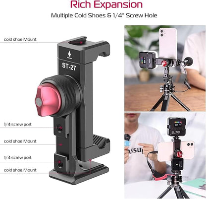 ULANZI ST-27 Metal Phone Tripod Mount, 360° Phone Holder for Tripod w 3 Cold Shoes & Arca Port, Versatile Smartphone Adapter for iPhone 17 16 15, Desktop Tripods, and Live Streaming/Vlogging Setup