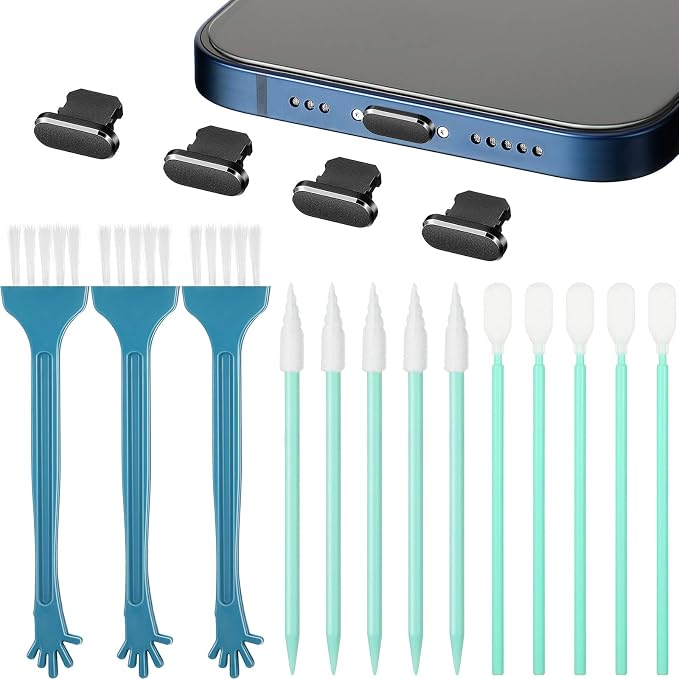 Frienda Anti Dust Plug Metal Phone Port Cover Compatible with iPhone 14/13/12/11 Lightning Connector Cleaning Tool Kit Phone Speaker Cleaner Receiver Dust Remover Multicolor