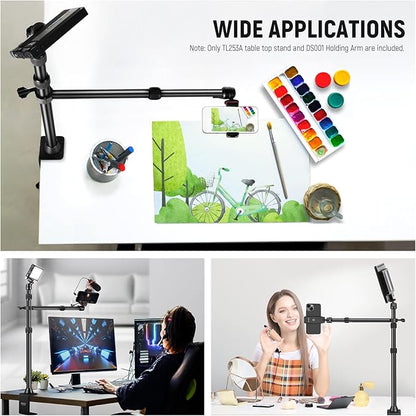 NEEWER TL253A+DS001 Table Camera Tripod with 2 Telescopic Arms, Phone Holder, Ball Heads, Screw Adapter, Table Light Stand for Camera, Mobile Phone, Webcam, Ring Light