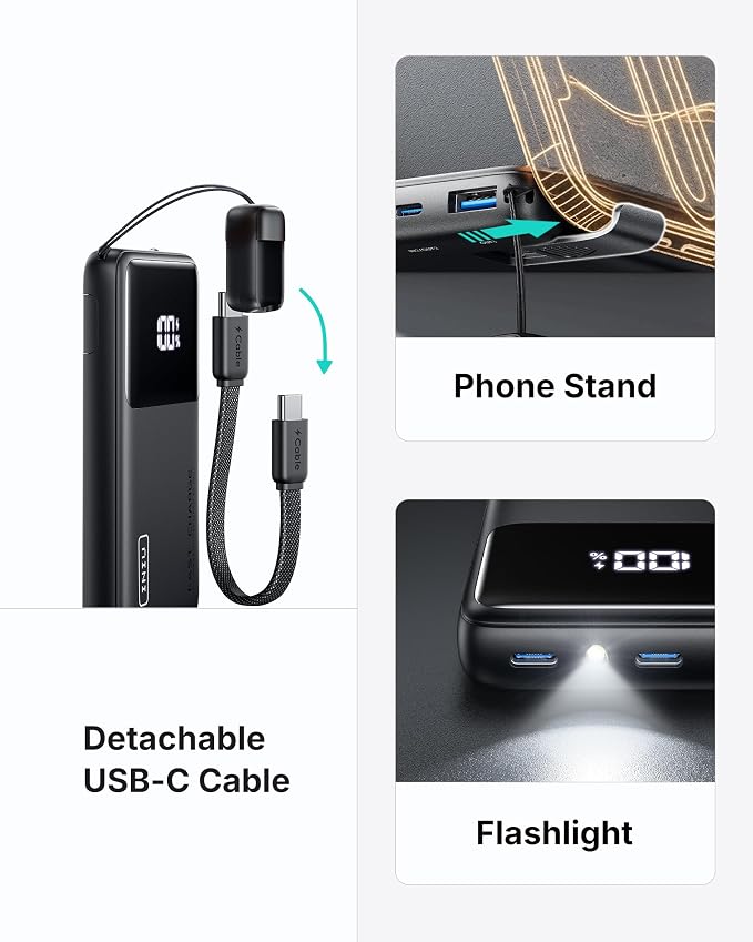 INIU Ultra Compact Power Bank, 10000mAh 45W Fast Charging Portable Charger with Detachable USB-C Cable & Stand, Flight-Safe Travel Battery Pack for Campus, Camping, for Boys, Blue