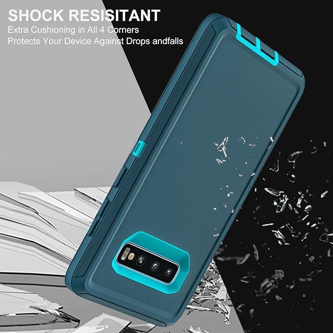 for Samsung Galaxy S10 Plus Case, with 2Pcs [Self Healing Flexible TPU Screen Protector & Camera Lens Protector] Military Grade 3 in 1 Heavy Duty Case for Galaxy S10 Plus (Blue/Turquoise)
