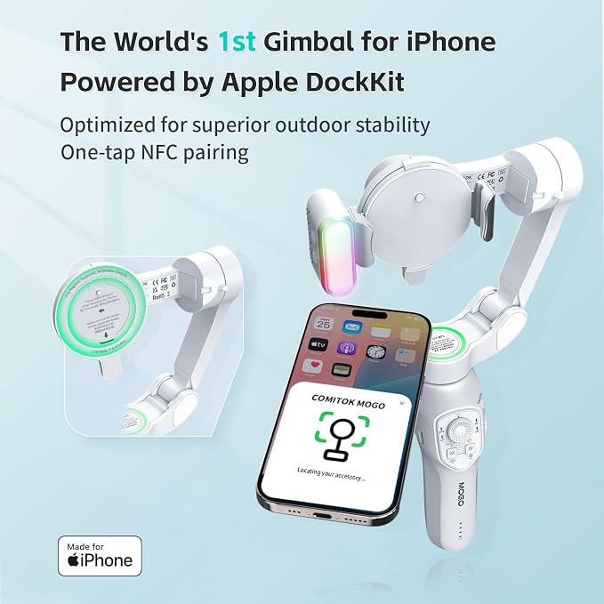 COMITOK Only for iPhone, MOGO [Apple MFi Certified] Gimbal Stabilizer for iPhone with Phone Clip & RGB Light, Support Selecting Tracking Target on Apple Watch & iOS26 Cameras for iPhone 16 15 Pro Max