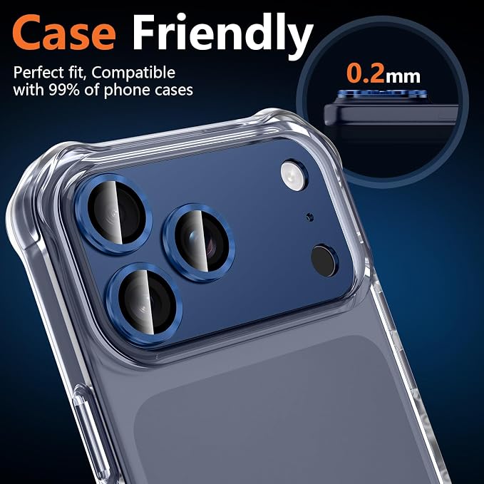 for iPhone 17 Pro Camera Lens Protector, [Military Grade Shatterproof] [Strong Adsorption] [Case Friendly] Full Coverage Metal Aluminum Alloy 9H Tempered Glass Camera Screen Cover, Blue