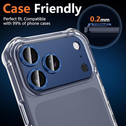 for iPhone 17 Pro Camera Lens Protector, [Military Grade Shatterproof] [Strong Adsorption] [Case Friendly] Full Coverage Metal Aluminum Alloy 9H Tempered Glass Camera Screen Cover, Blue