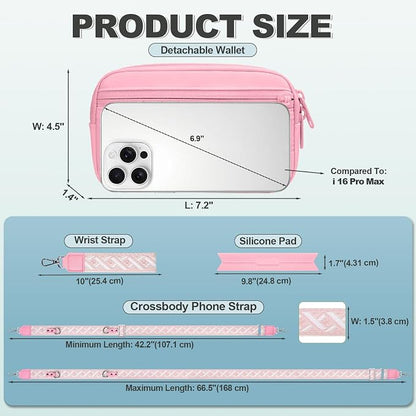 YFWE Clip and Go Strap for Phone with Wallet Crossbody, Adjustable Phone Lanyard with Detachable RFID Wristlet Wallet, Pattern Strap - Pink(L)