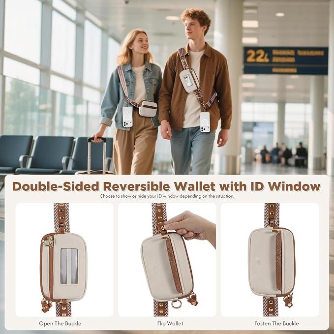 Tiostep Clip and Go Strap for Phone with Wallet Crossbody Phone Lanyard Adjustable and Anti-Theft Leather Purse with RFID Zipper Pouch for Travel Daily Life. Medium White-Brown