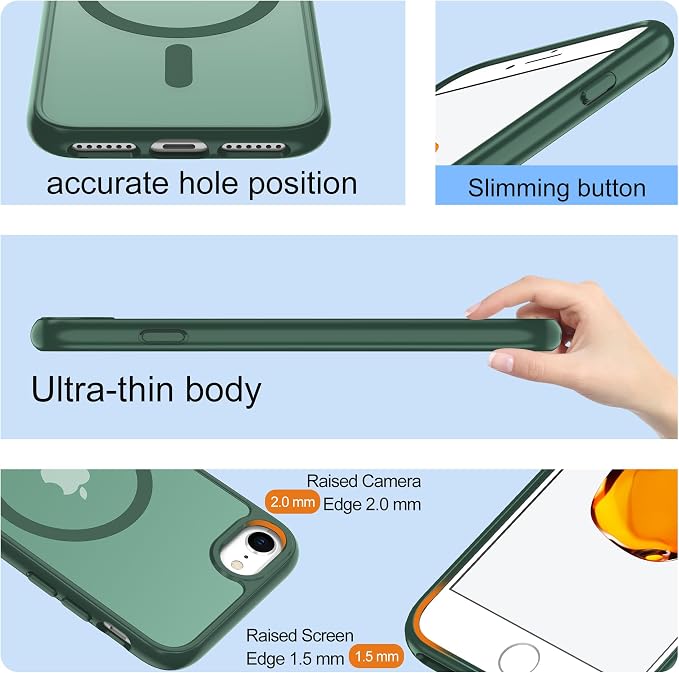 Pilaru for iPhone SE Case 2022 (3rd)/2020 (2nd),iPhone 8 Case, iPhone 7 Case [Compatible with Magsafe] (Military Grade Drop Protection) Translucent Matte Magnetic Case,SlimThin Shockproof-Dark Green