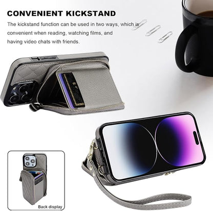 Bocasal Crossbody Wallet Case for iPhone 14 Pro Max, RFID Blocking PU Leather Zipper Handbag Purse Flip Cover, Kickstand Folio Case with Card Slots Holder Wrist Strap Lanyard 5G 6.7 Inch (Grey)