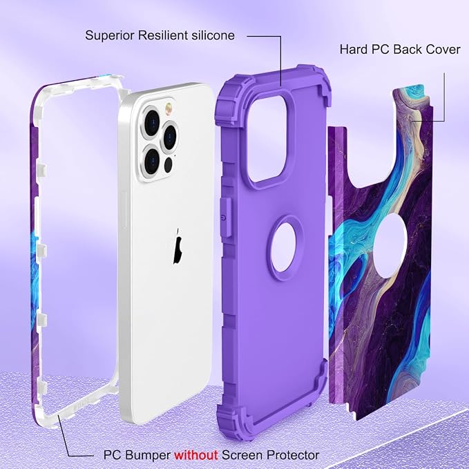 Hocase for iPhone 13 Pro Case, Heavy Duty Shockproof Protection Soft Silicone Rubber+Hard Plastic Bumpers Hybrid Protective Case for iPhone 13 Pro 6.1" 2021 - Blue Purple Marble